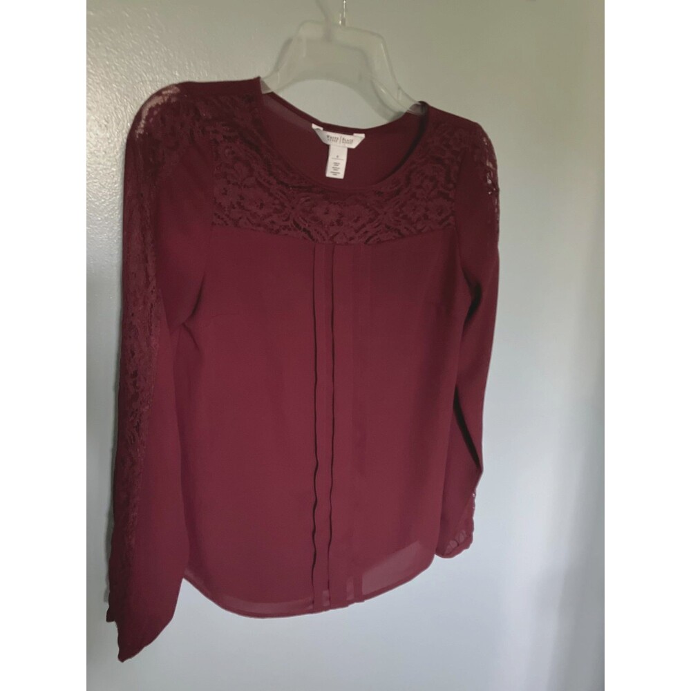 White House Black Market Sz 0 Maroon Long Sleeve Lace Insert Blouse